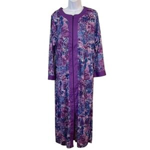 Collections Etc Womens Robe M Purple Blue Floral Zipper Front Long Sleeve
